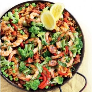 Chicken and prawn paella