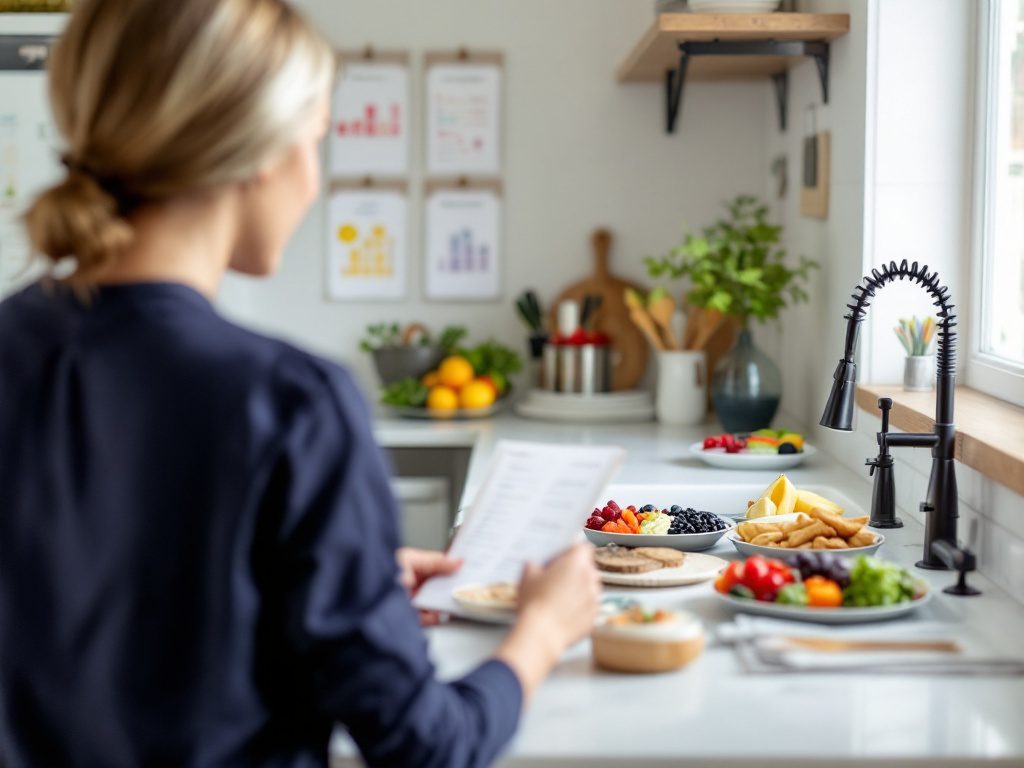 Professional nutrition workspace showing organized meal planning tools and structured food presentation for autism dietary support